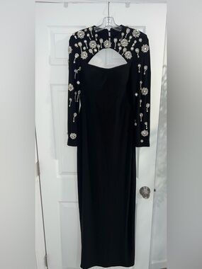 Black Long-Sleeve Embellished Cutout Evening Gown